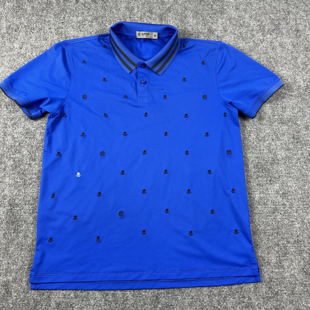 G/FORE‎ Polo Shirt Mens Medium Blue Skull Print Golf Performance Stretch Top
